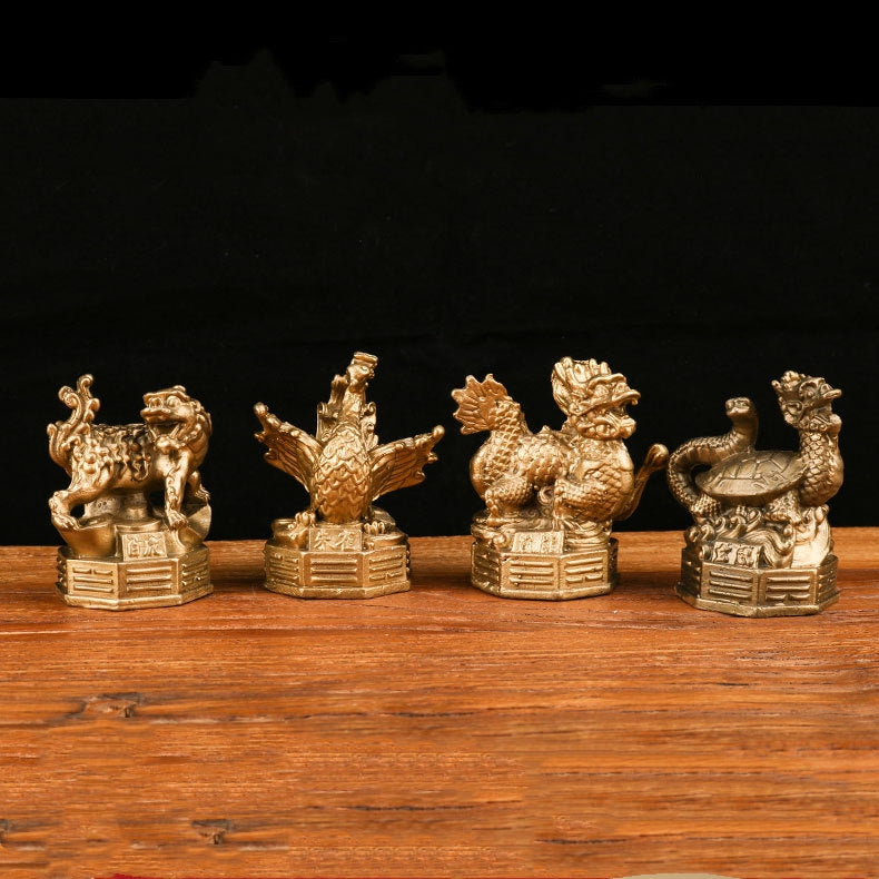 Green Dragon, White Tiger, Vermilion Bird, Black Tortoise Copper Figurines Four Divine Beasts for Feng Shui Protection and Wealth