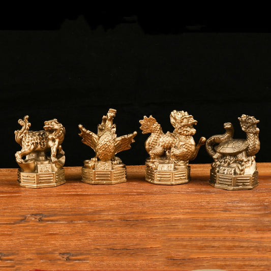 Green Dragon, White Tiger, Vermilion Bird, Black Tortoise Copper Figurines Four Divine Beasts for Feng Shui Protection and Wealth