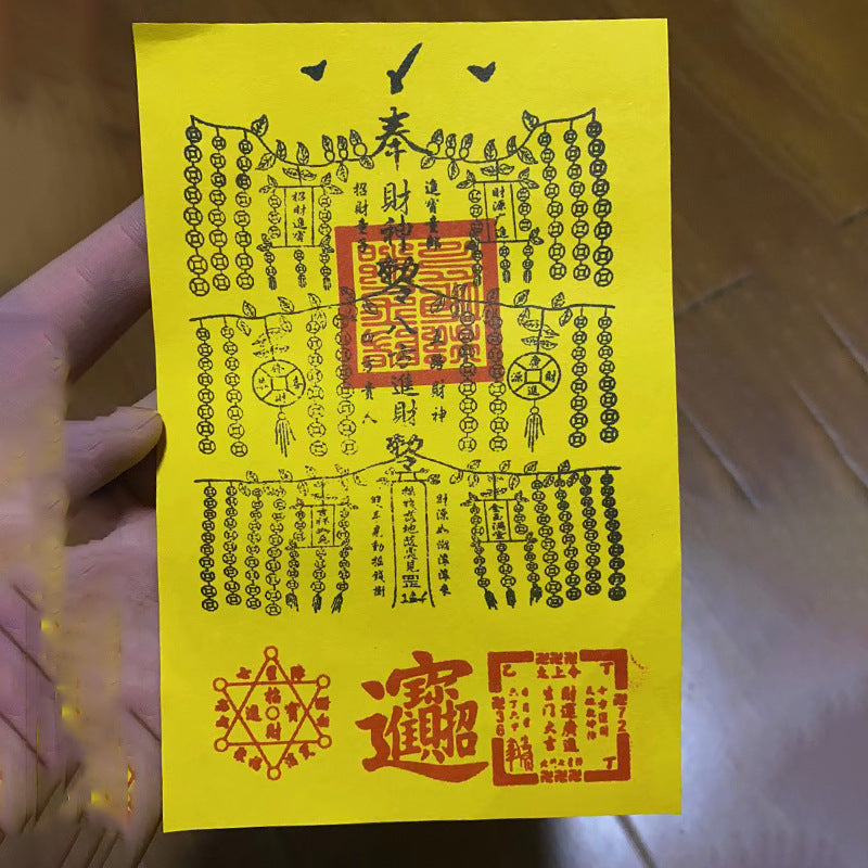5 pcs Wealth-Bringing Hand-Painted Eight Directions Fortune God Talisman with Money Tree Design on Yellow Paper