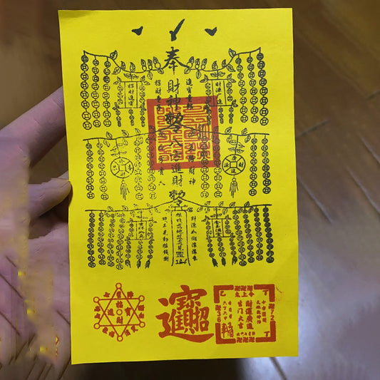 5 pcs Wealth-Bringing Hand-Painted Eight Directions Fortune God Talisman with Money Tree Design on Yellow Paper